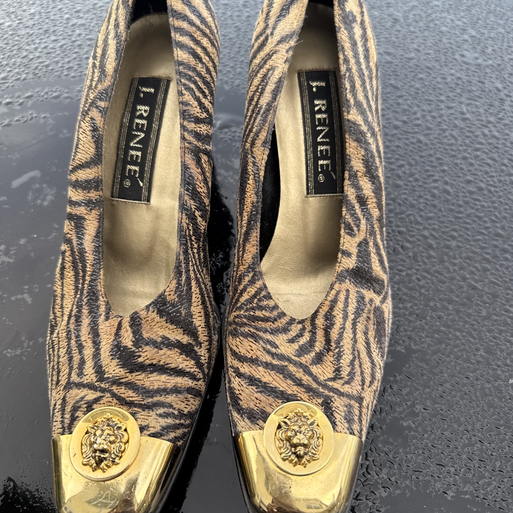 J.Renee Women's Tiger Print Heels with Gold Accents
